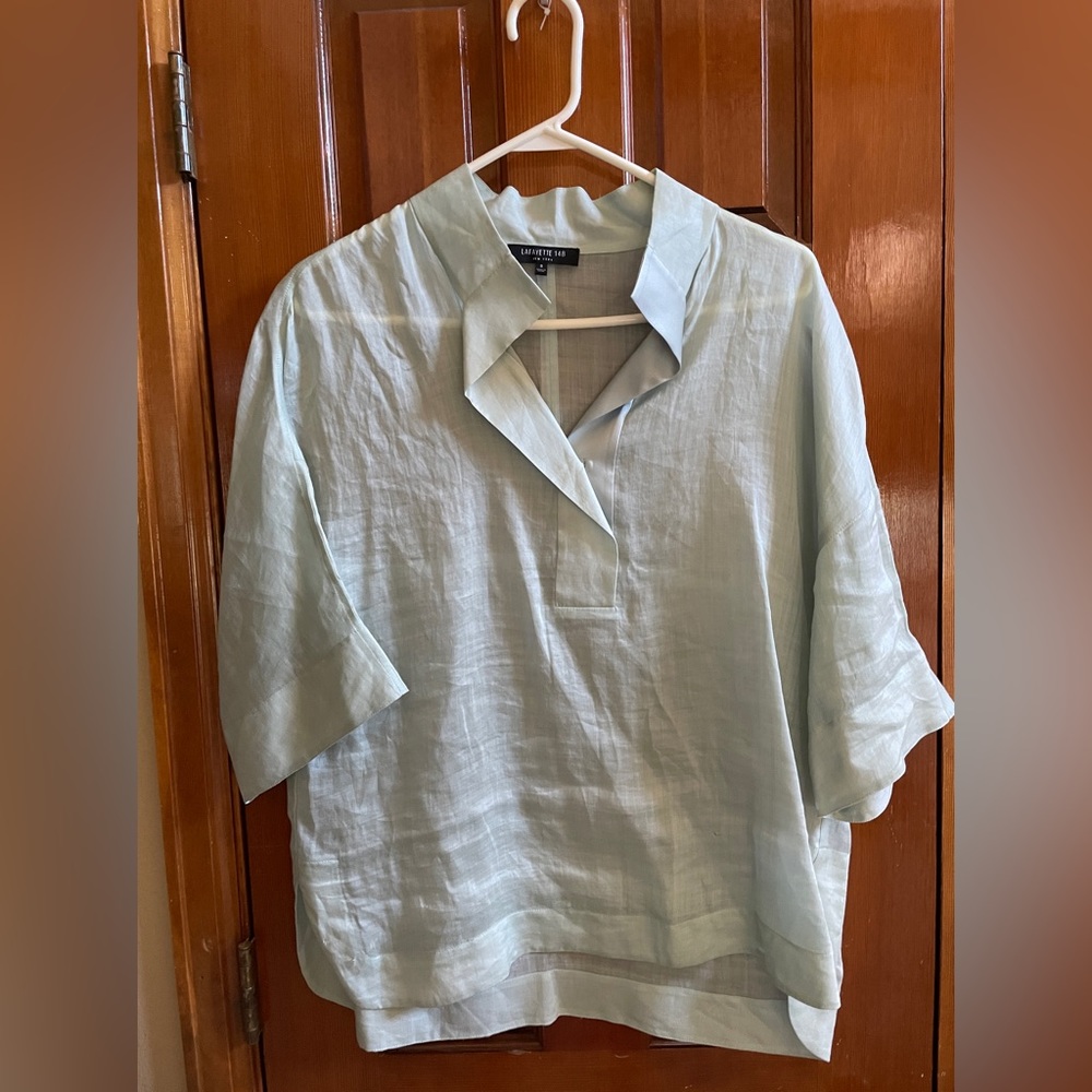 Lafayette 148 sea green with satin detail around collar